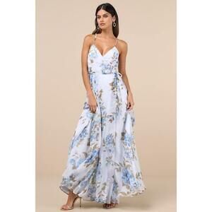 Lulus Oh-so Romantic Pale Blue Floral Print Sleeveless Wrap Maxi Dress - Size 2X